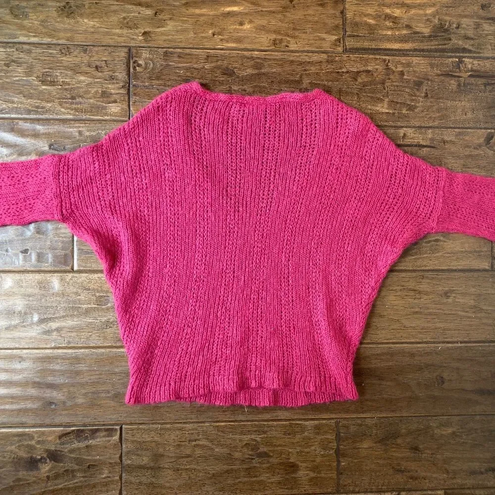 Wooden Ships S/M Sweater Pink V Neck Open Knit Mohair Wool Short Sleeve Cropped - Picture 4 of 7